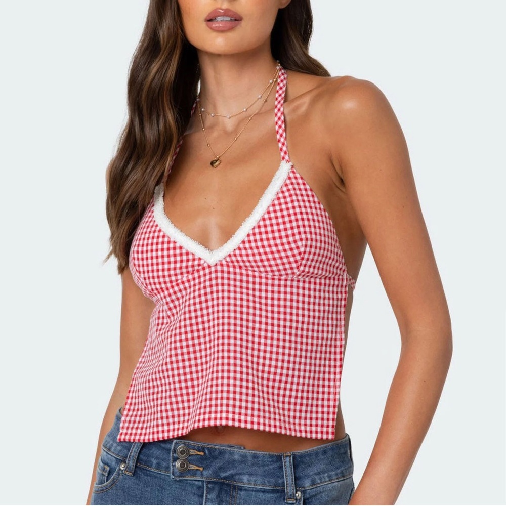 Edikted Charmaine Open Back Gingham Top in Red - Picture 1 of 11